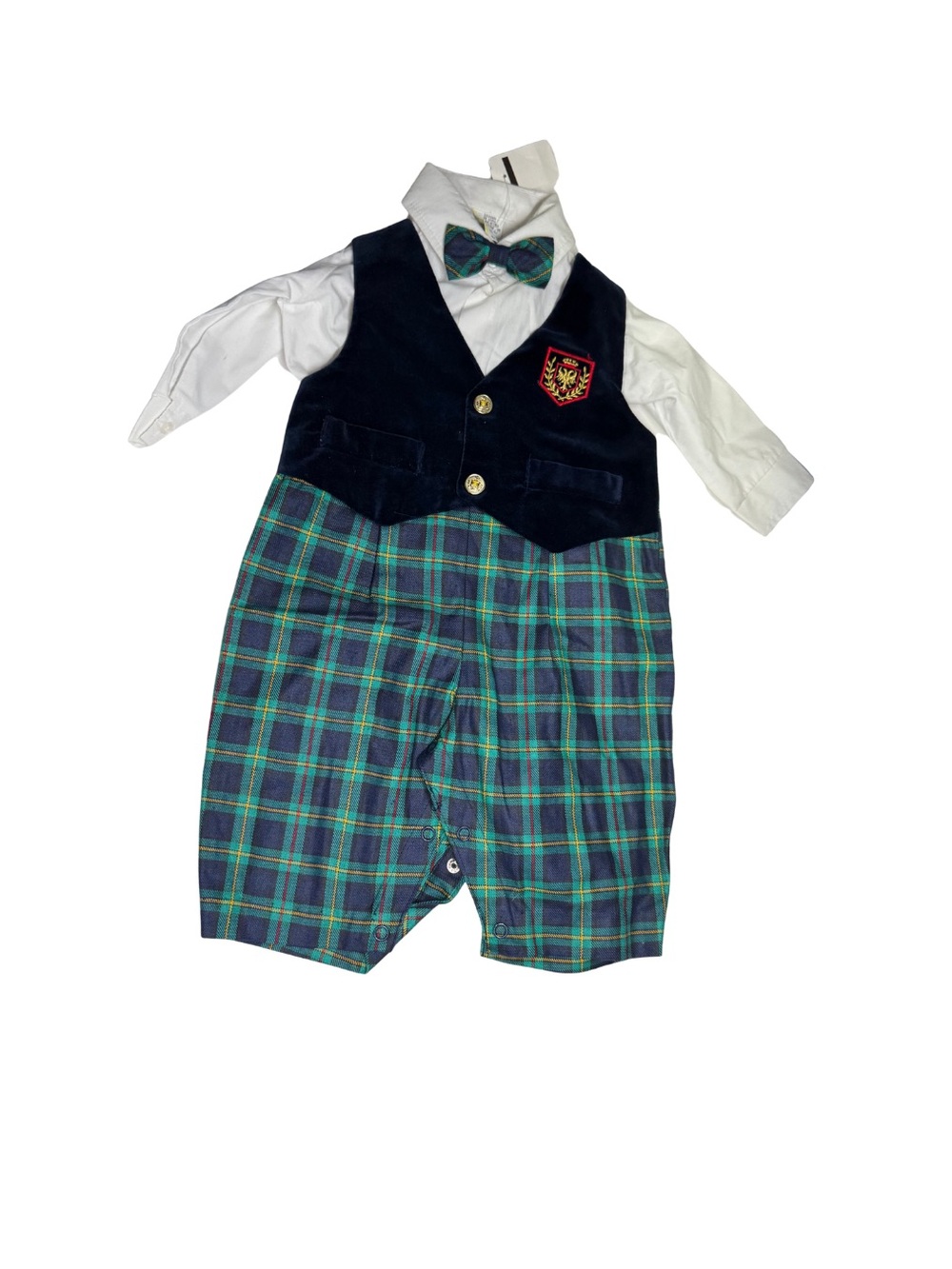 2pc vintage Navy Green Blue Plaid 3-6 mo pants shirt bow Tie Classic Formal new